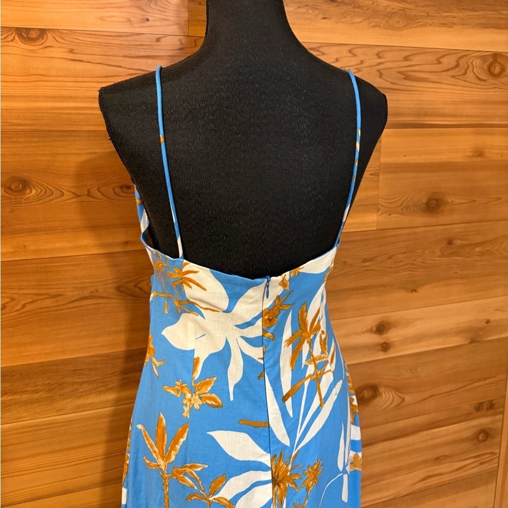 Zara Tropical Floral Blue Linen Blend Cut Out Front Slit Dress - Picture 7 of 13